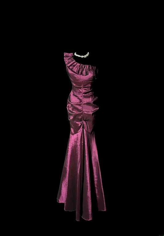 Stunning Mermaid One Shoulder Plum Satin With Ruffle Long Prom Dresses Formal Gowns MP590