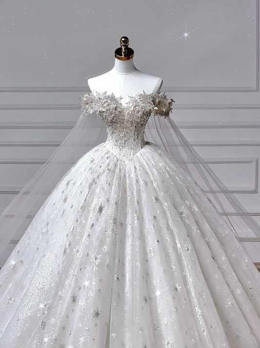 Timeless Ball Gown Off The Shoulder With Short Sleeves Appliques Beaded Bodice Sweep Train Princess Bridal Gowns Wedding Dresses MP041