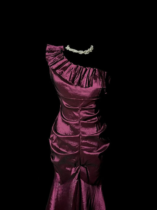 Stunning Mermaid One Shoulder Plum Satin With Ruffle Long Prom Dresses Formal Gowns MP590