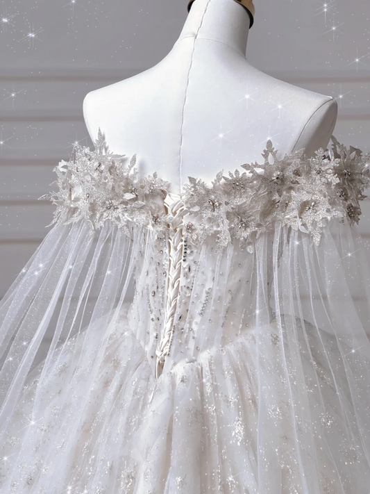 Timeless Ball Gown Off The Shoulder With Short Sleeves Appliques Beaded Bodice Sweep Train Princess Bridal Gowns Wedding Dresses MP041