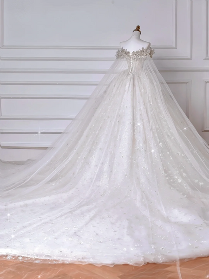 Timeless Ball Gown Off The Shoulder With Short Sleeves Appliques Beaded Bodice Sweep Train Princess Bridal Gowns Wedding Dresses MP041