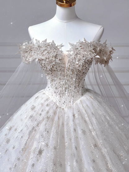 Timeless Ball Gown Off The Shoulder With Short Sleeves Appliques Beaded Bodice Sweep Train Princess Bridal Gowns Wedding Dresses MP041