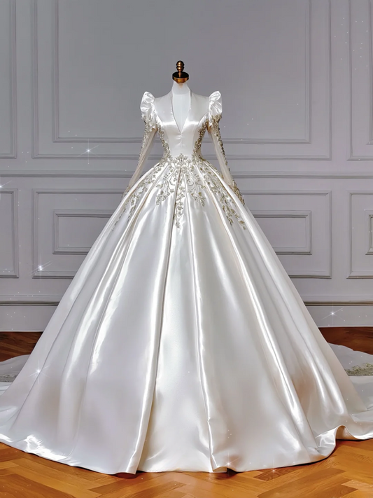 Princess Ball Gown V Neck Satin With Long Sleeves Beaded Bodice Appliques Princess Bridal Gowns Wedding Dresses MP042