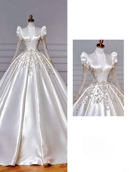 Robe de bal princesse col en V en satin à manches longues corsage perlé avec appliques Robes de mariée princesse MP042