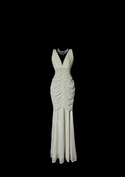 Atemberaubendes Meerjungfrauen-Abendkleid aus weißem Chiffon mit V-Ausschnitt und Rüschen, langes Abschlussballkleid, formelle Ballkleider MP591