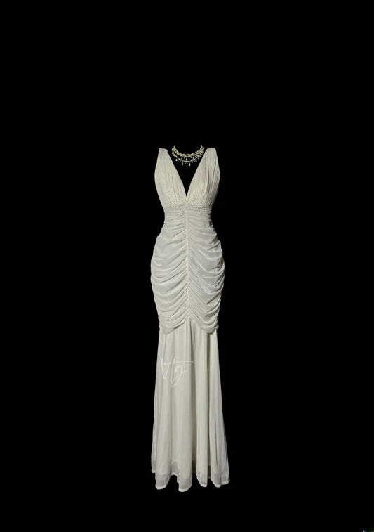 Stunning Mermaid V Neck White Chiffon With Ruffle Long Prom Dresses Formal Gowns MP591