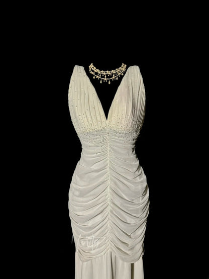 Atemberaubendes Meerjungfrauen-Abendkleid aus weißem Chiffon mit V-Ausschnitt und Rüschen, langes Abschlussballkleid, formelle Ballkleider MP591