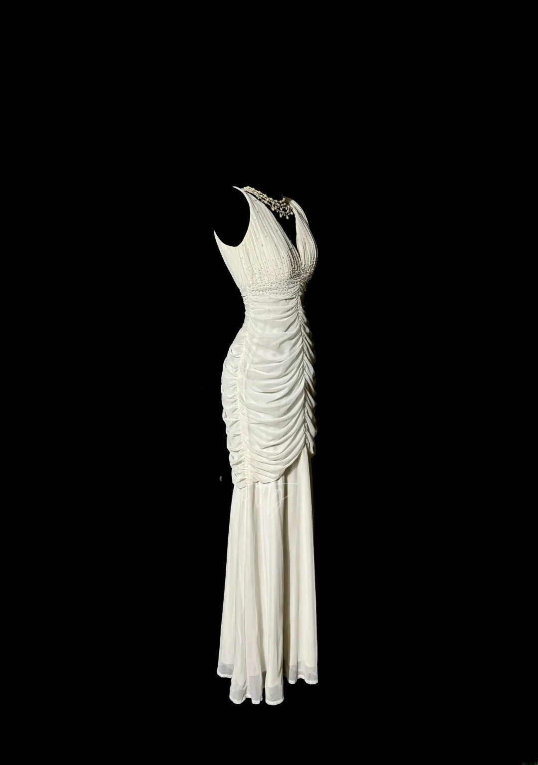 Atemberaubendes Meerjungfrauen-Abendkleid aus weißem Chiffon mit V-Ausschnitt und Rüschen, langes Abschlussballkleid, formelle Ballkleider MP591