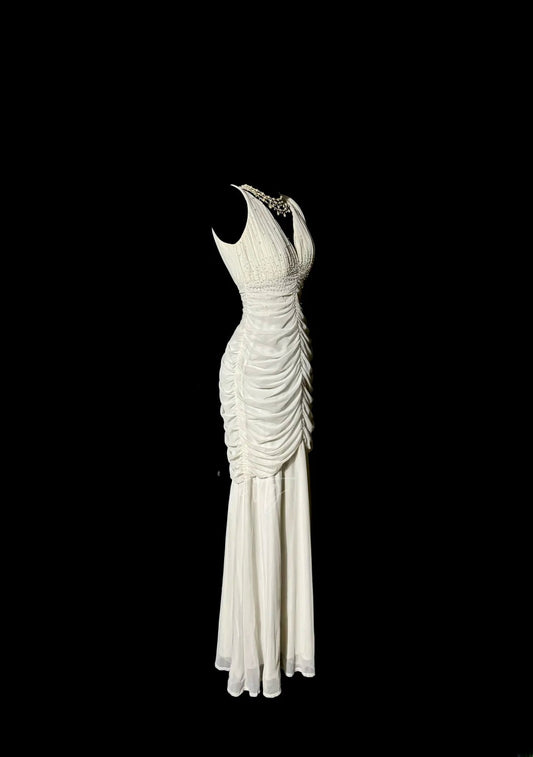 Stunning Mermaid V Neck White Chiffon With Ruffle Long Prom Dresses Formal Gowns MP591