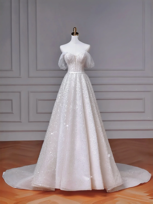 Timeless A line Off The Shoulder With Short Sleeves Sequin Bodice Sweep Train Princess Bridal Gowns Wedding Dresses MP043