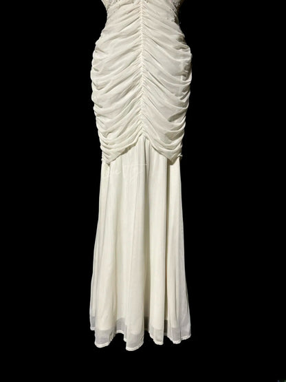 Atemberaubendes Meerjungfrauen-Abendkleid aus weißem Chiffon mit V-Ausschnitt und Rüschen, langes Abschlussballkleid, formelle Ballkleider MP591