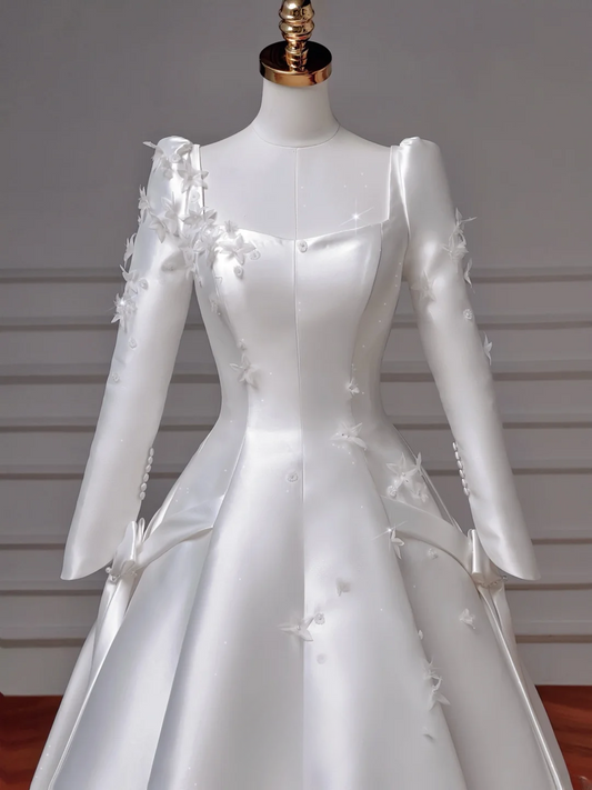 Princess A line Square Neck With Long Sleeves Satin Bodice Sweep Train Princess Bridal Gowns Wedding Dresses MP044