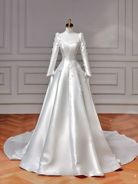 Princess A line Square Neck With Long Sleeves Satin Bodice Sweep Train Princess Bridal Gowns Wedding Dresses MP044