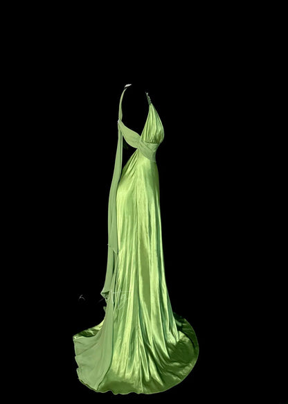 Atemberaubendes Meerjungfrauen-Abendkleid mit V-Ausschnitt, grünem Satin, rückenfrei mit Rüschen, langes Ballkleid, Abendkleider MP592