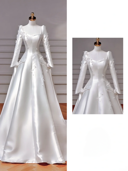Prinzessin A-Linie, eckiger Ausschnitt mit langen Ärmeln, Satinkorsett, Schleppe, Prinzessinnen-Brautkleider, Hochzeitskleider MP044