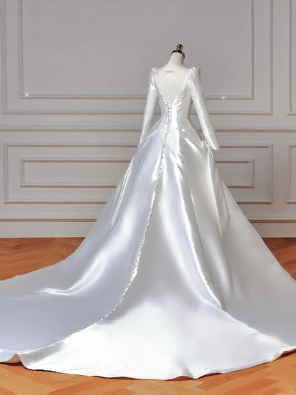 Prinzessin A-Linie, eckiger Ausschnitt mit langen Ärmeln, Satinkorsett, Schleppe, Prinzessinnen-Brautkleider, Hochzeitskleider MP044
