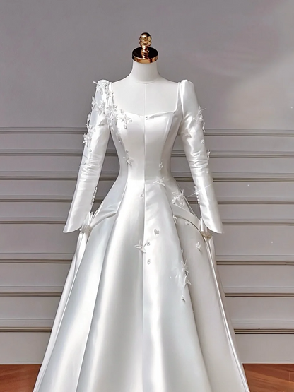 Prinzessin A-Linie, eckiger Ausschnitt mit langen Ärmeln, Satinkorsett, Schleppe, Prinzessinnen-Brautkleider, Hochzeitskleider MP044
