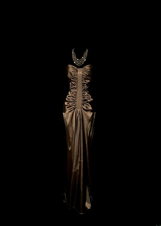 Stunning Mermaid Sweetheart Chocolate Satin With Ruffles Long Prom Dresses Formal Gowns MP593