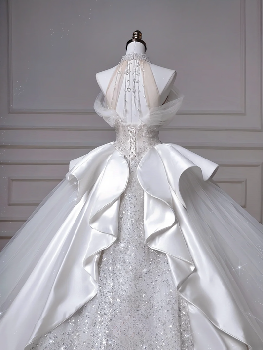 Wedding Dresses Fairytale Princesses Ball Gown High Neck Sequins White With Beads Sweep Train Bodice Bridal Gowns Wedding Dresses MP045