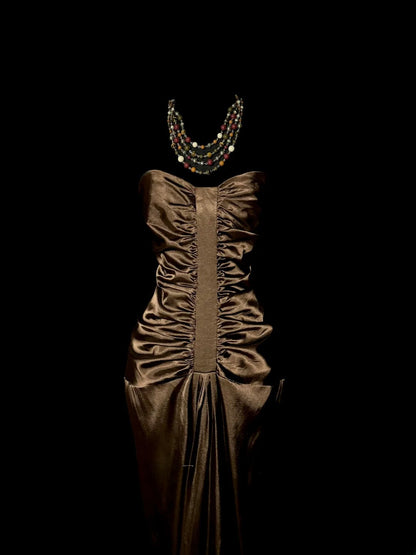 Stunning Mermaid Sweetheart Chocolate Satin With Ruffles Long Prom Dresses Formal Gowns MP593