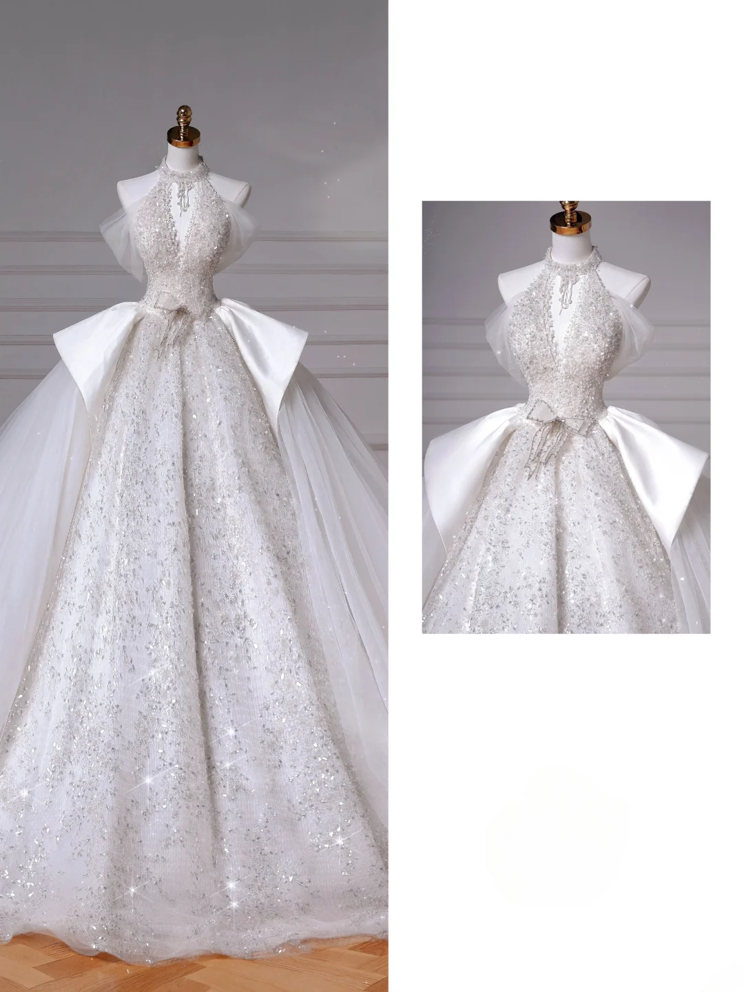 Wedding Dresses Fairytale Princesses Ball Gown High Neck Sequins White With Beads Sweep Train Bodice Bridal Gowns Wedding Dresses MP045