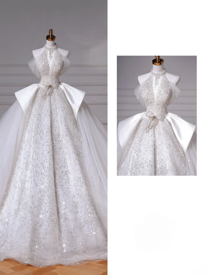 Wedding Dresses Fairytale Princesses Ball Gown High Neck Sequins White With Beads Sweep Train Bodice Bridal Gowns Wedding Dresses MP045