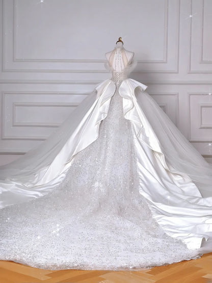 Wedding Dresses Fairytale Princesses Ball Gown High Neck Sequins White With Beads Sweep Train Bodice Bridal Gowns Wedding Dresses MP045