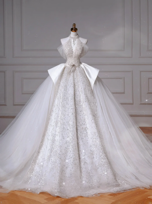 Wedding Dresses Fairytale Princesses Ball Gown High Neck Sequins White With Beads Sweep Train Bodice Bridal Gowns Wedding Dresses MP045