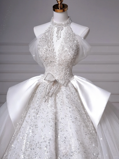 Wedding Dresses Fairytale Princesses Ball Gown High Neck Sequins White With Beads Sweep Train Bodice Bridal Gowns Wedding Dresses MP045