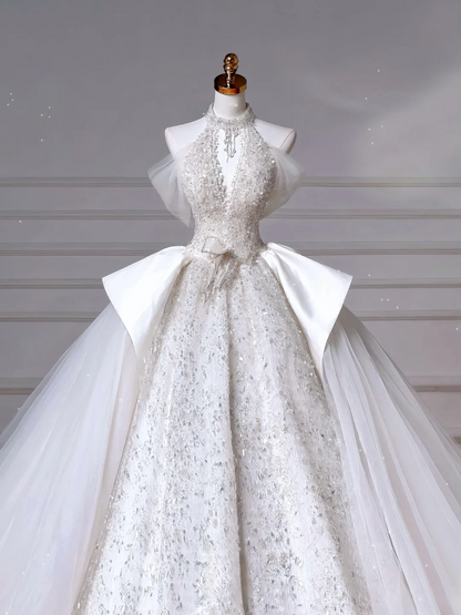 Wedding Dresses Fairytale Princesses Ball Gown High Neck Sequins White With Beads Sweep Train Bodice Bridal Gowns Wedding Dresses MP045