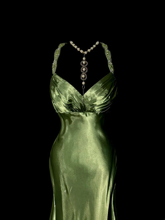 Stunning Mermaid Halter Light Forest Green Satin Backless With Ruffles Long Prom Dresses Formal Gowns MP594