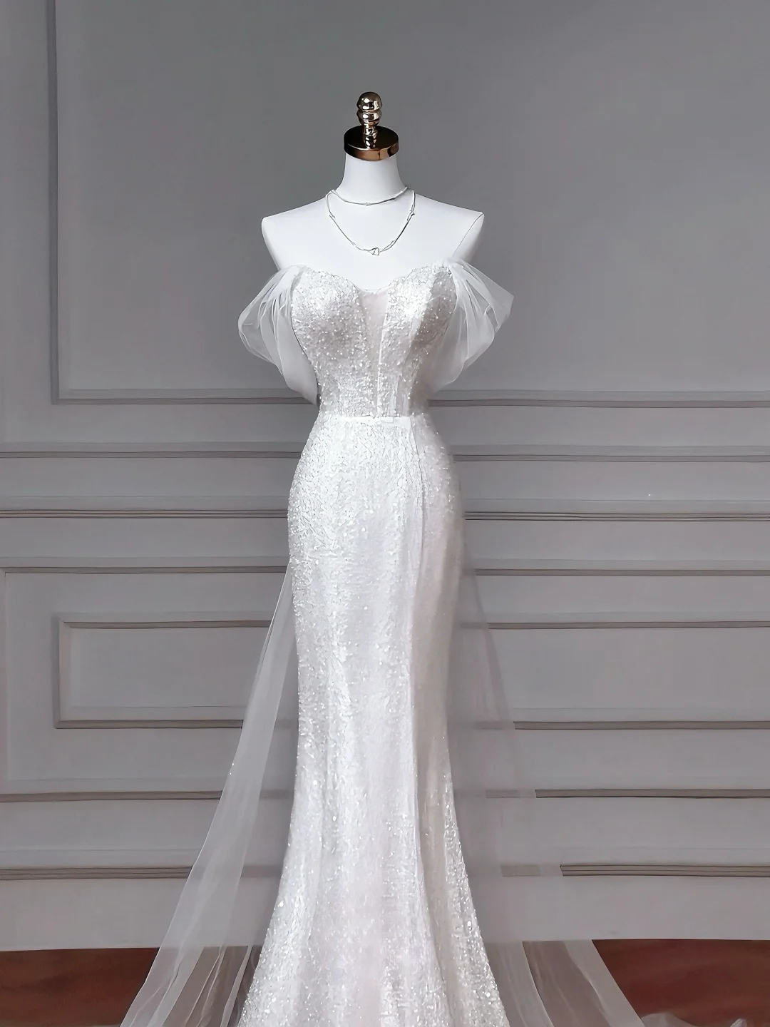 Robes de mariée sirène, épaules dénudées, à paillettes avec manches en tulle, traîne blanche, style princesse, MP046