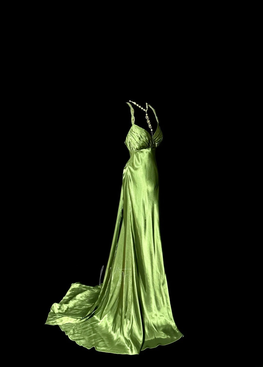 Stunning Mermaid Halter Light Forest Green Satin Backless With Ruffles Long Prom Dresses Formal Gowns MP594