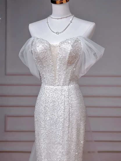 Robes de mariée sirène, épaules dénudées, à paillettes avec manches en tulle, traîne blanche, style princesse, MP046
