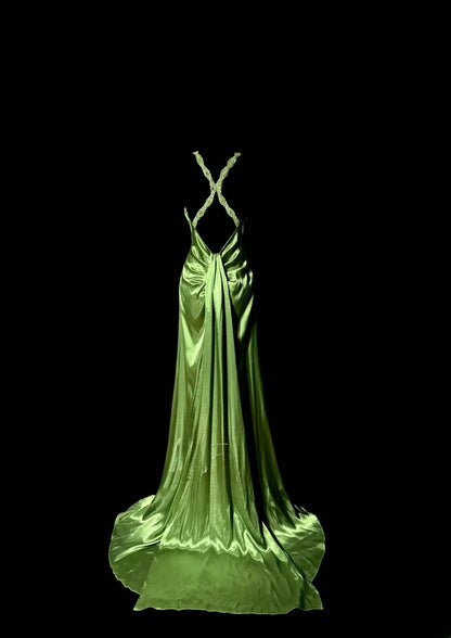 Stunning Mermaid Halter Light Forest Green Satin Backless With Ruffles Long Prom Dresses Formal Gowns MP594