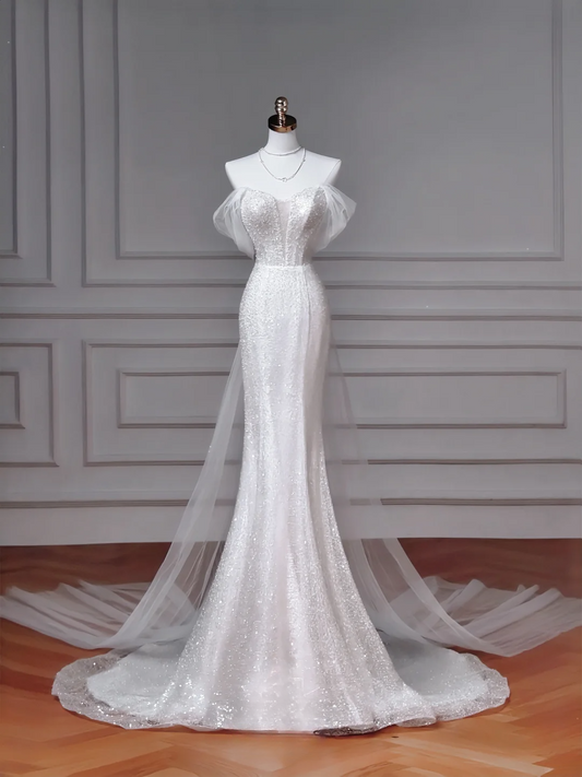 Mermaid Off The Shoulder Sequin With Tulle Sleeves White Sweep Train Princess Bridal Gowns Wedding Dresses MP046