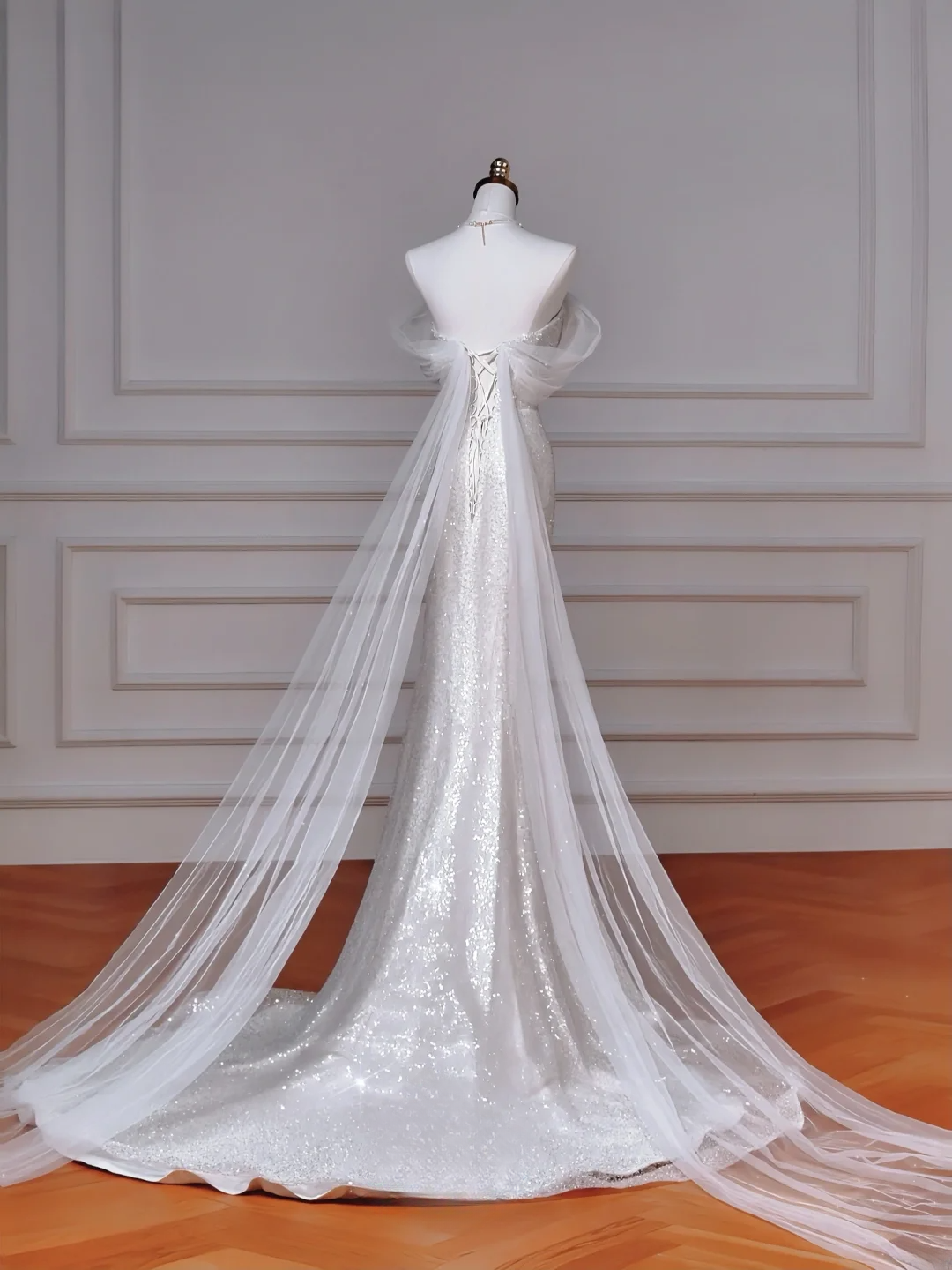 Robes de mariée sirène, épaules dénudées, à paillettes avec manches en tulle, traîne blanche, style princesse, MP046