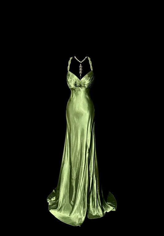 Stunning Mermaid Halter Light Forest Green Satin Backless With Ruffles Long Prom Dresses Formal Gowns MP594
