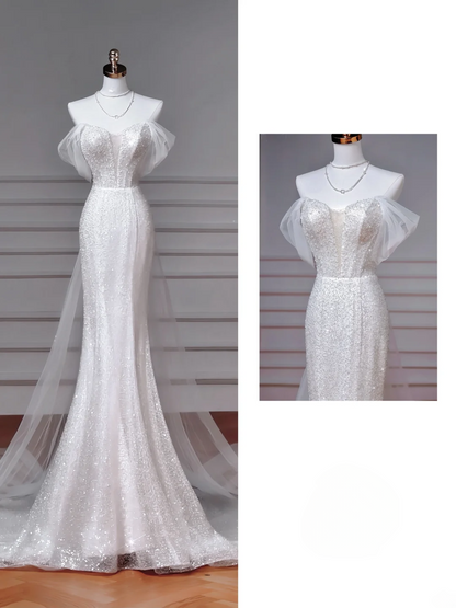 Robes de mariée sirène, épaules dénudées, à paillettes avec manches en tulle, traîne blanche, style princesse, MP046