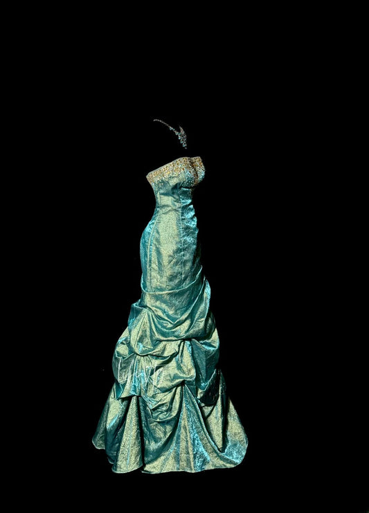 Stunning Mermaid Strapless Sleeveless With Ruffles Gold Beading Long Prom Dresses Formal Gowns MP595