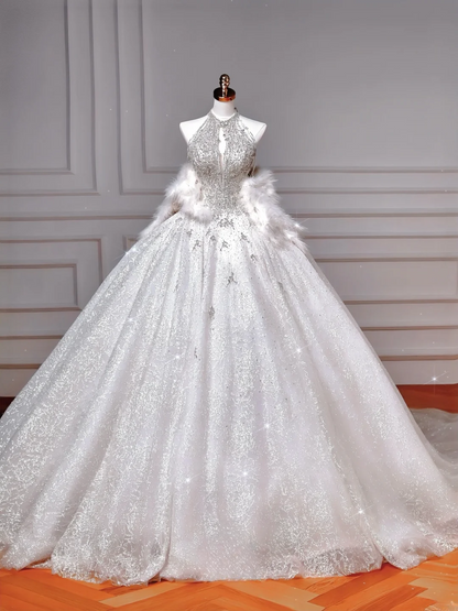Brautkleider Märchenprinzessinnen Ballkleid Hoher Ausschnitt Pailletten Weiß Mit Perlen Schleppe Mieder Brautkleid Hochzeitskleider MP047