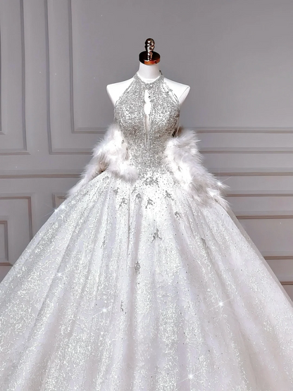 Brautkleider Märchenprinzessinnen Ballkleid Hoher Ausschnitt Pailletten Weiß Mit Perlen Schleppe Mieder Brautkleid Hochzeitskleider MP047