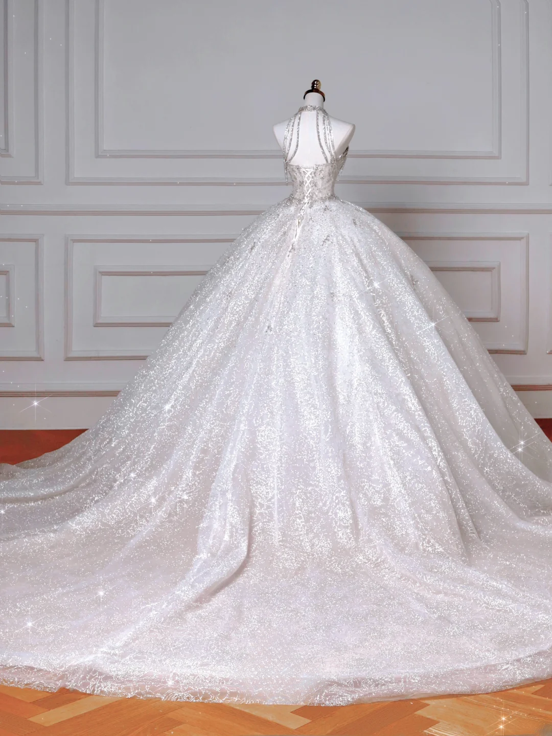 Brautkleider Märchenprinzessinnen Ballkleid Hoher Ausschnitt Pailletten Weiß Mit Perlen Schleppe Mieder Brautkleid Hochzeitskleider MP047