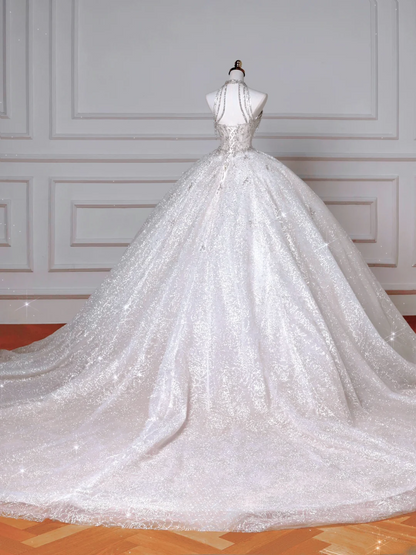 Brautkleider Märchenprinzessinnen Ballkleid Hoher Ausschnitt Pailletten Weiß Mit Perlen Schleppe Mieder Brautkleid Hochzeitskleider MP047