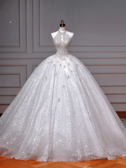 Wedding Dresses Fairytale Princesses Ball Gown High Neck Sequins White With Beads Sweep Train Bodice Bridal Gown Wedding Dresses MP047