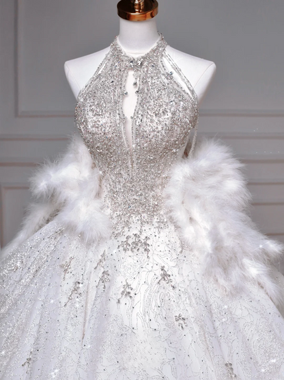 Brautkleider Märchenprinzessinnen Ballkleid Hoher Ausschnitt Pailletten Weiß Mit Perlen Schleppe Mieder Brautkleid Hochzeitskleider MP047