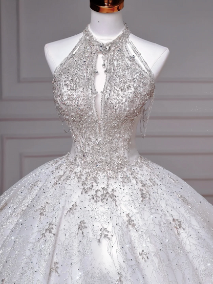 Brautkleider Märchenprinzessinnen Ballkleid Hoher Ausschnitt Pailletten Weiß Mit Perlen Schleppe Mieder Brautkleid Hochzeitskleider MP047