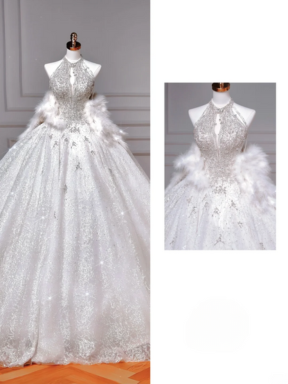 Brautkleider Märchenprinzessinnen Ballkleid Hoher Ausschnitt Pailletten Weiß Mit Perlen Schleppe Mieder Brautkleid Hochzeitskleider MP047