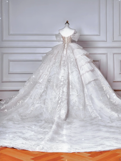 Robe de bal épaules dénudées avec sequins et manches en tulle perles argentées traîne blanche robe de mariée princesse MP048