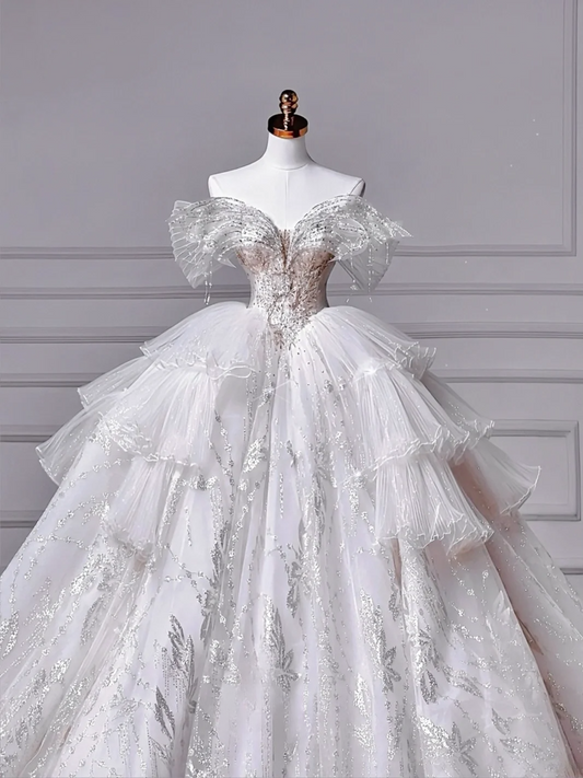 Ball Gown Off The Shoulder Sequin With Tulle Sleeves Silver Beads White Sweep Train Princess Bridal Gowns Wedding Dresses MP048
